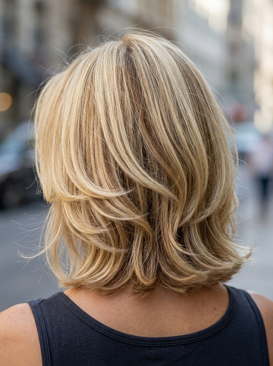 shoulder-length layered bob haircut with creamy blonde highlights and warm brown lowlights for volume
