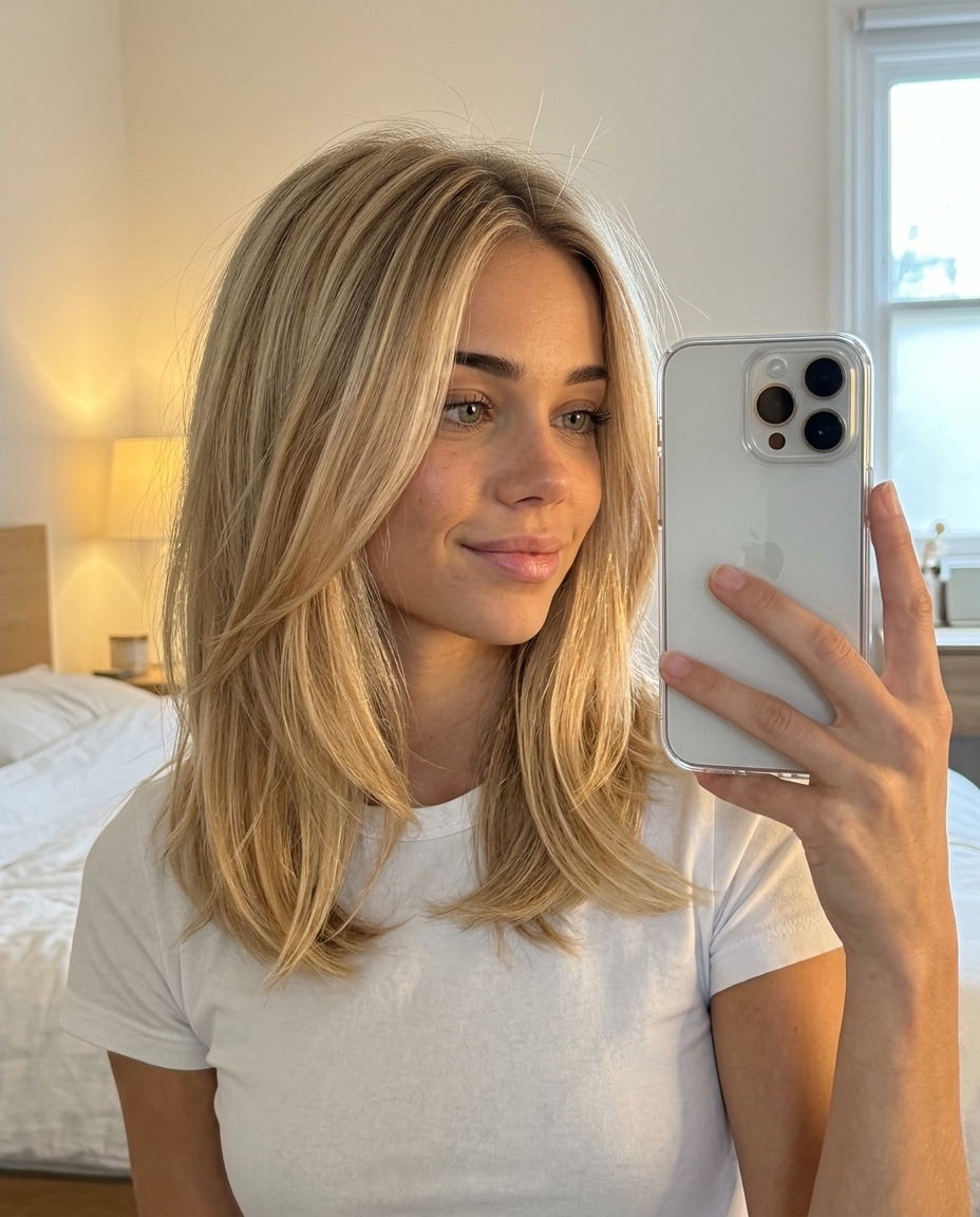 short creamy honey lob with champagne blonde, babylights, no fringe — effortlessly chic warm glow