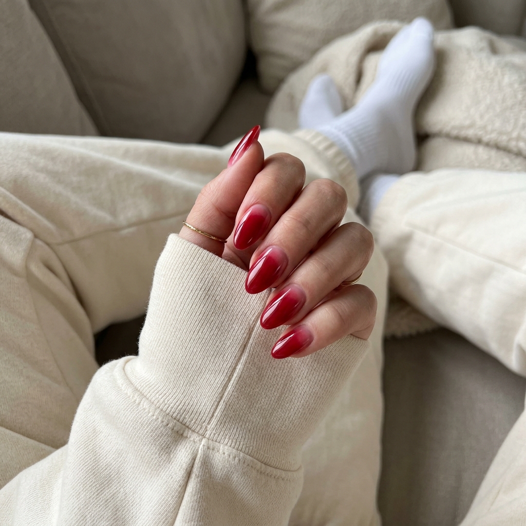 Crimson Aura Kiss Nails: Romantic Date Night 2026 Romantic crimson aura gradient on medium almond nails, ideal for date nights and summer evenings. Cute summer nails 2026.