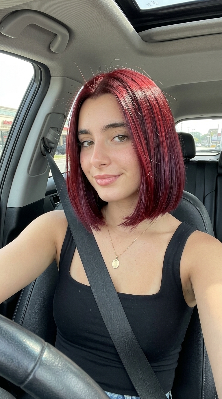 chin-length bob with deep crimson red, violet undertones, blunt perimeter — bold, sophisticated