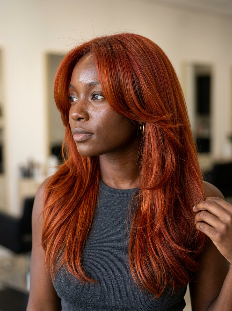 long layered butterfly haircut in crimson copper with textured layers, no fringe — bold and glamorous