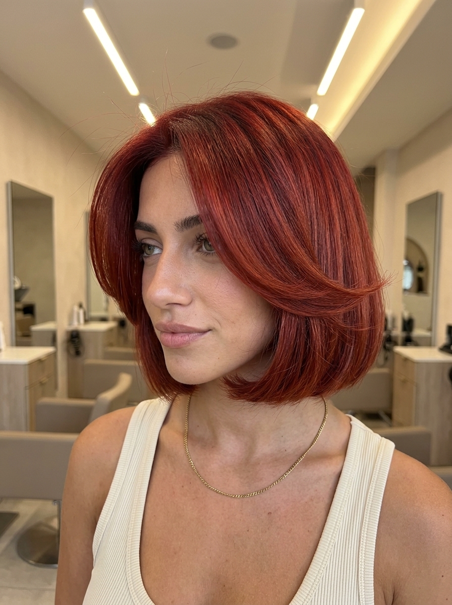 chin-length butterfly bob with vibrant crimson red and copper undertones, inward-curling layers, blunt perimeter for retro vibe