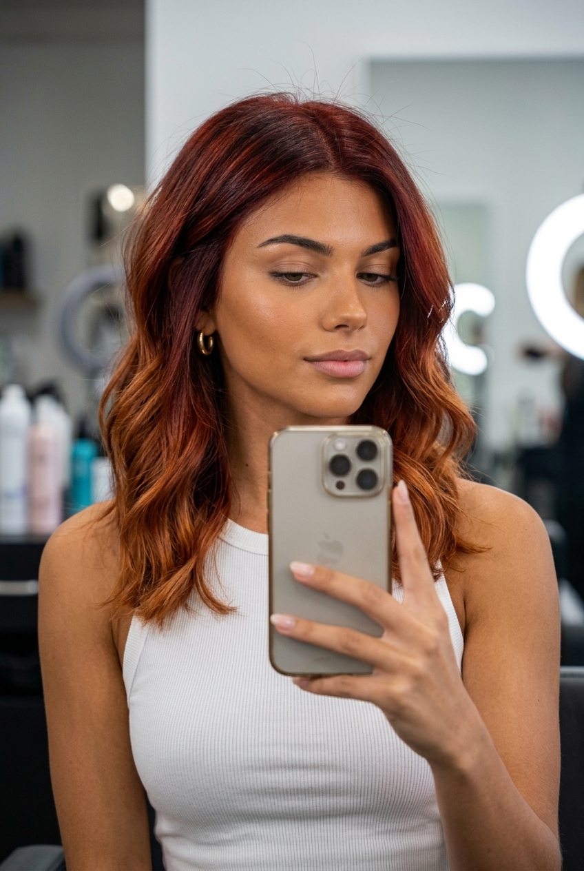 long layered ombre with crimson red melt, vibrant color, face-framing — sultry date night style