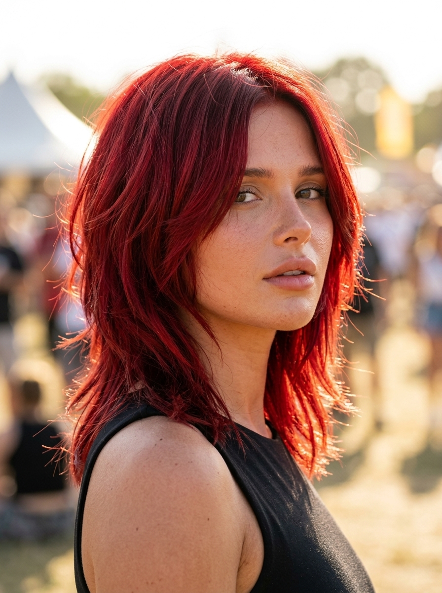 medium layered lob haircut with vibrant crimson red, choppy layers, and face-framing pieces for festivals