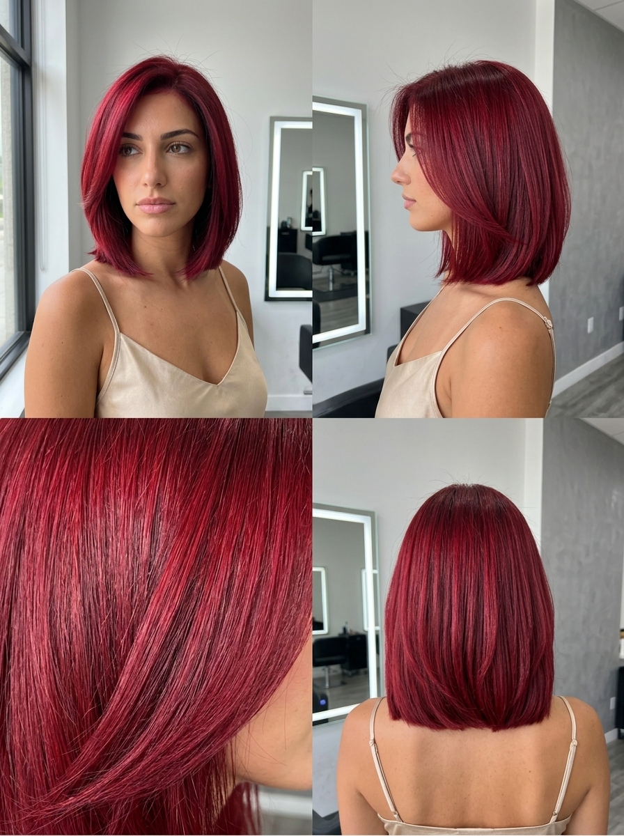 short crimson red layered bob with ruby gloss and sleek perimeter for a glamorous look