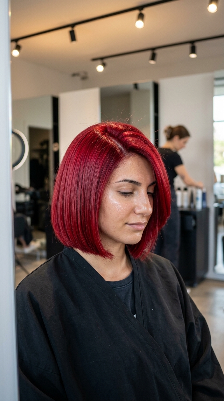 short crimson red layered bob with a high-gloss finish and deep side part for date night