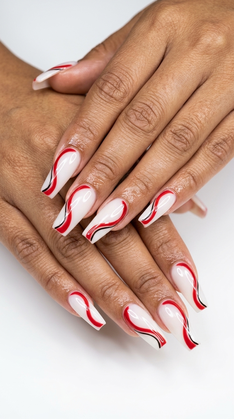 Abstract Red Canvas Coffin Nails 2026 Abstract Red Canvas Coffin nails for parties, with milky white and red swirls. Cute summer nails 2026.