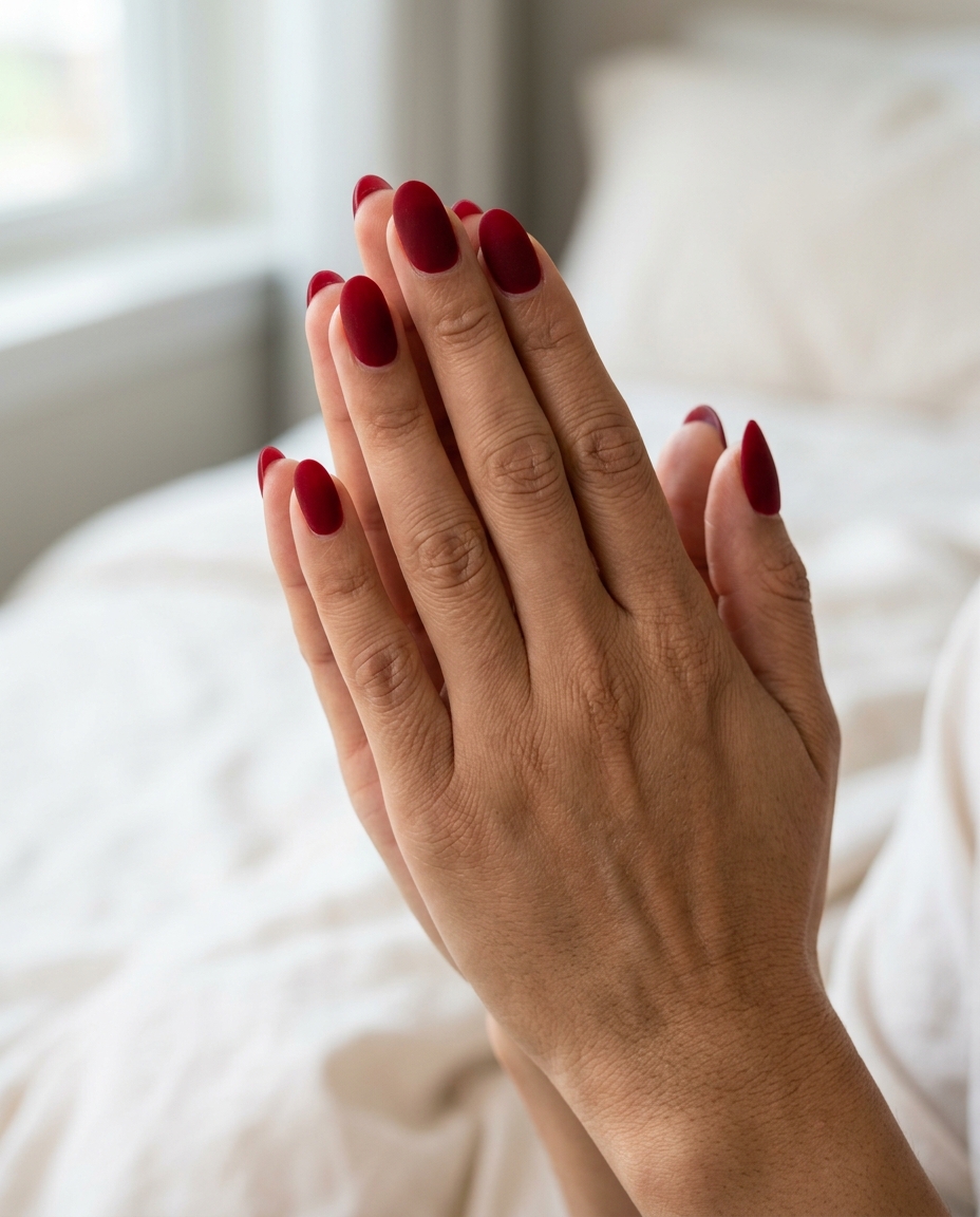 Classic Red Velvet Oval Nails 2026 Classic Red Velvet Oval nails for cute summer nails 2026, ideal for date nights and formal events.
