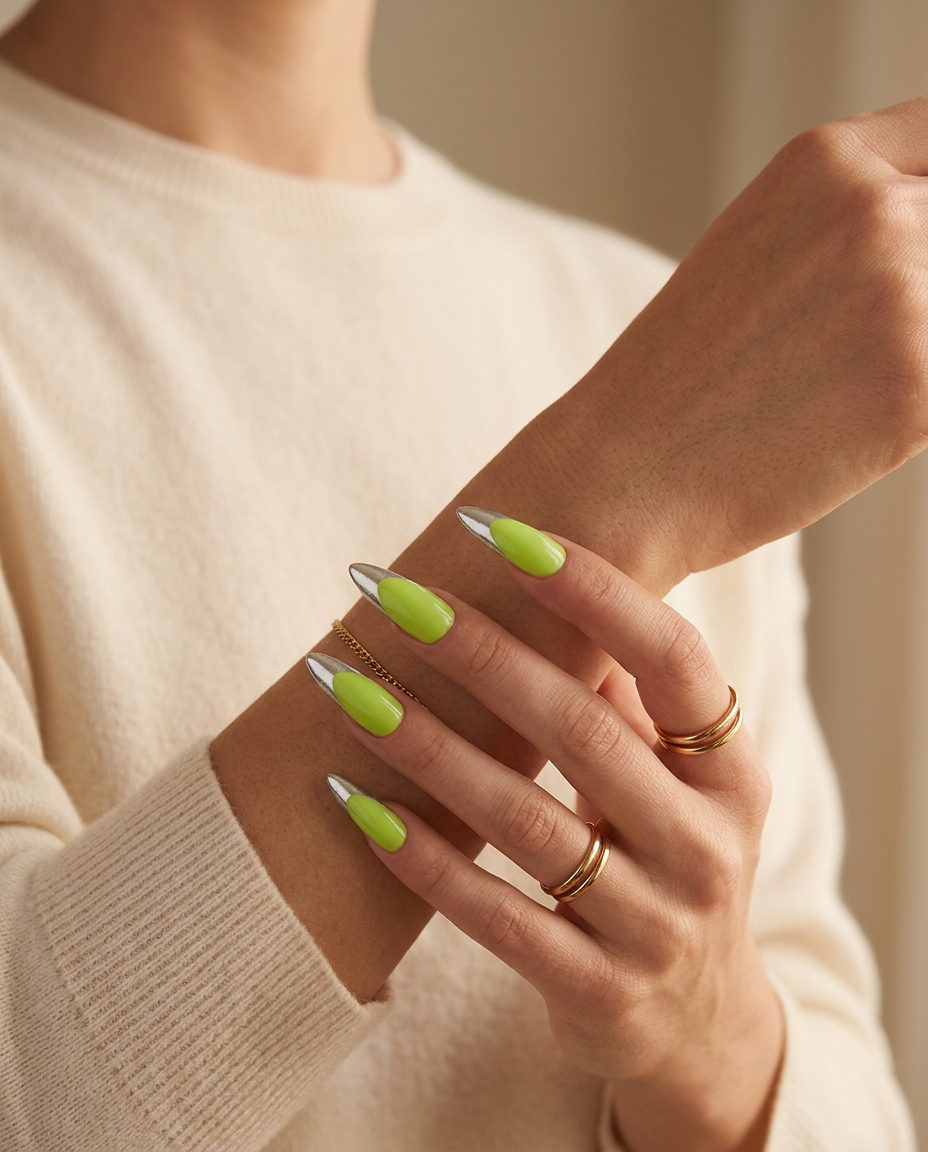 Electric Chrome French Stiletto 2026 Electric Chrome French Stiletto nails for festivals, with lime green and silver chrome tips. Cute summer nails 2026.