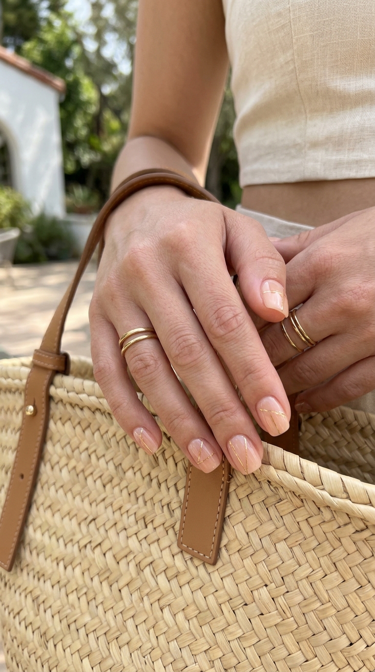 Golden Hour Line Art Squoval 2026 Golden Hour Line Art Squoval nails for everyday, with sheer peach and gold lines. Cute summer nails 2026.