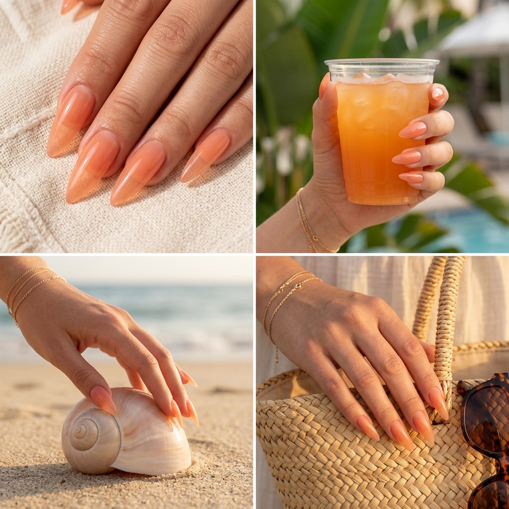 Juicy Peach Stiletto Nails 2026 Juicy Glass Peach Stiletto nails for a night out, featuring sheer transparent jelly peach gel polish. Cute summer nails 2026.