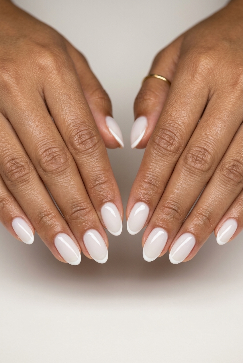 Modern Milky French Squoval Nails 2026 Modern Milky French Squoval nails for cute summer nails 2026, perfect for daily wear and work.