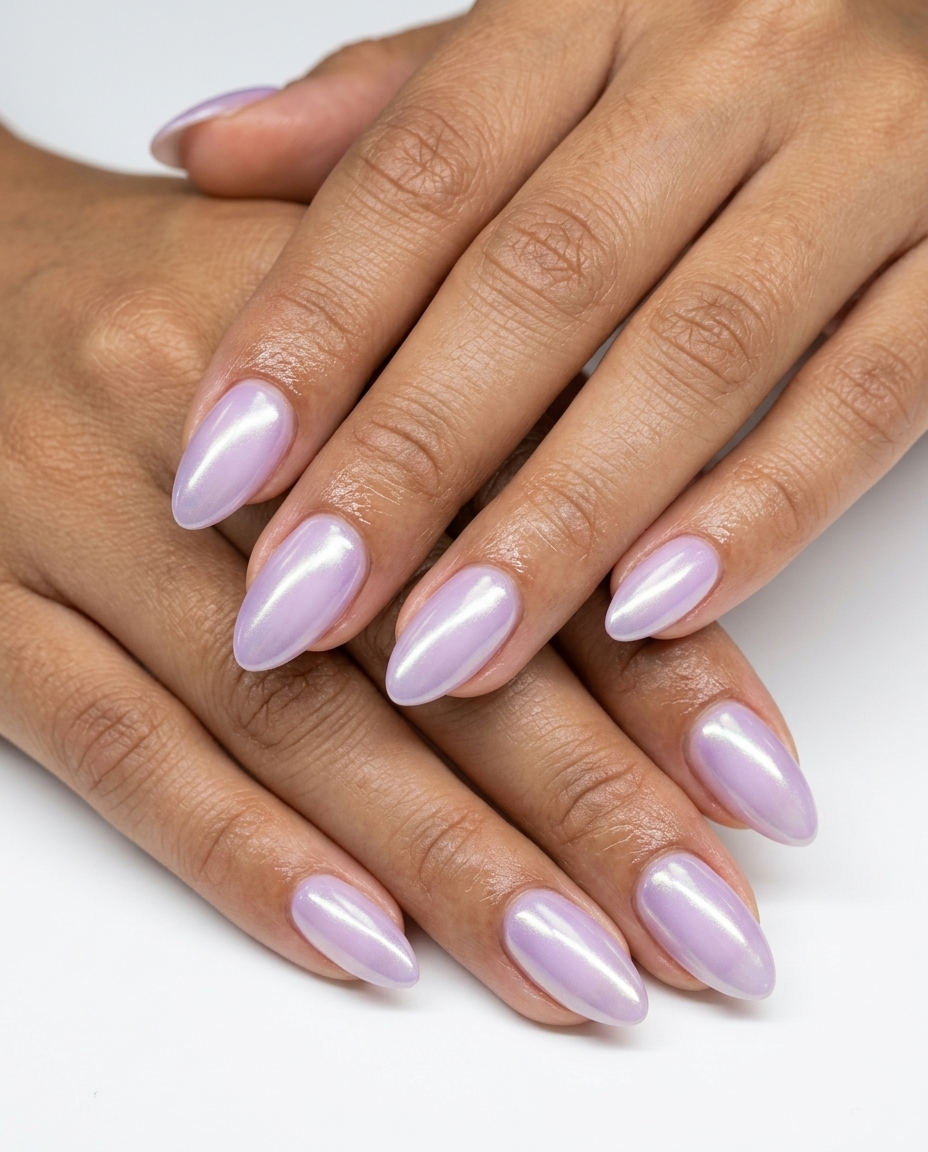 Mystical Chrome Aura Almond Nails 2026 Mystical Chrome Aura Almond nails for date night, with soft lavender and iridescent chrome shift. Cute summer nails 2026.