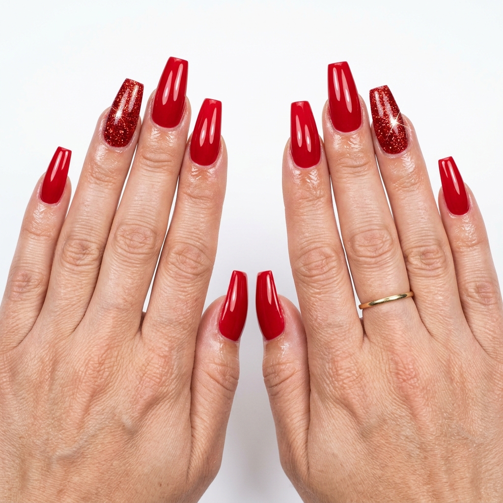 Scarlet Sparkle Coffin Nails 2026 Scarlet Sparkle Coffin nails for festivals, with classic red and red glitter accent. Cute summer nails 2026.