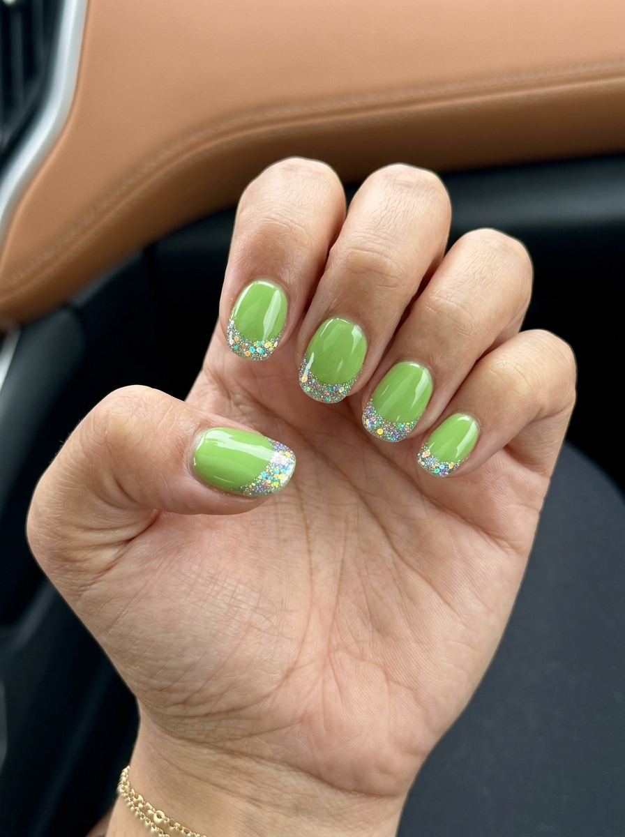 Sparkling Lime French Tip Round 2026 Sparkling Lime French Tip Round nails for festivals, with lime green and holographic glitter tips. Cute summer nails 2026.