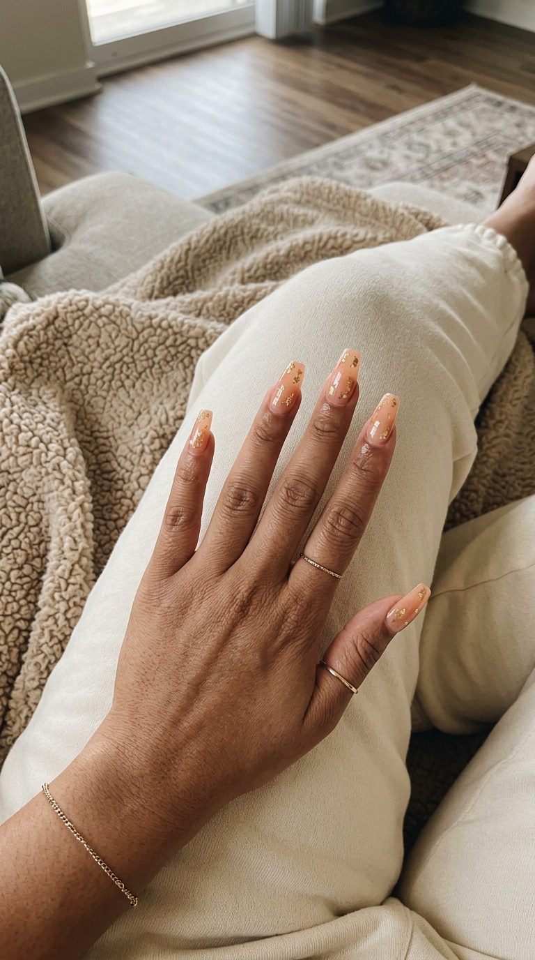 Sun-Kissed Foil Flake Nails 2026 Sun-Kissed Foil Flake nails for cute summer nails 2026, perfect for vacations and festivals.