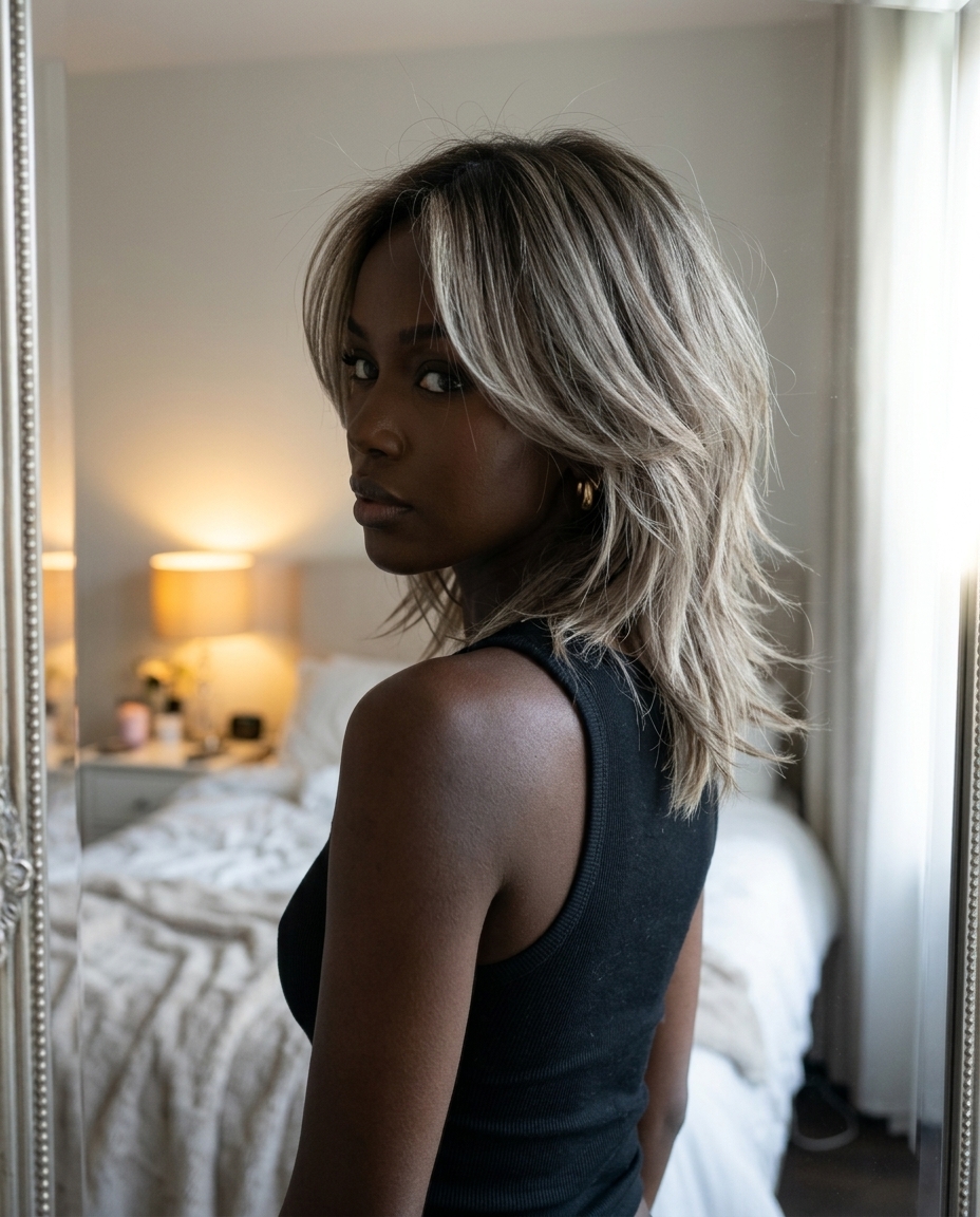medium shag haircut in dark ash brown smoky ash blonde with curtain bangs