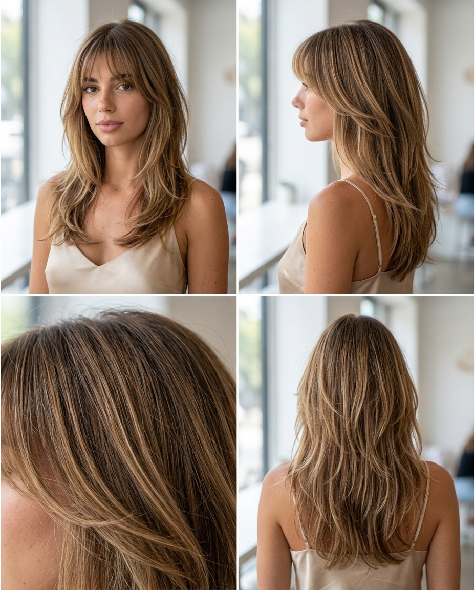 long layered haircut with dark blonde, caramel babylights, and wispy bangs for summer