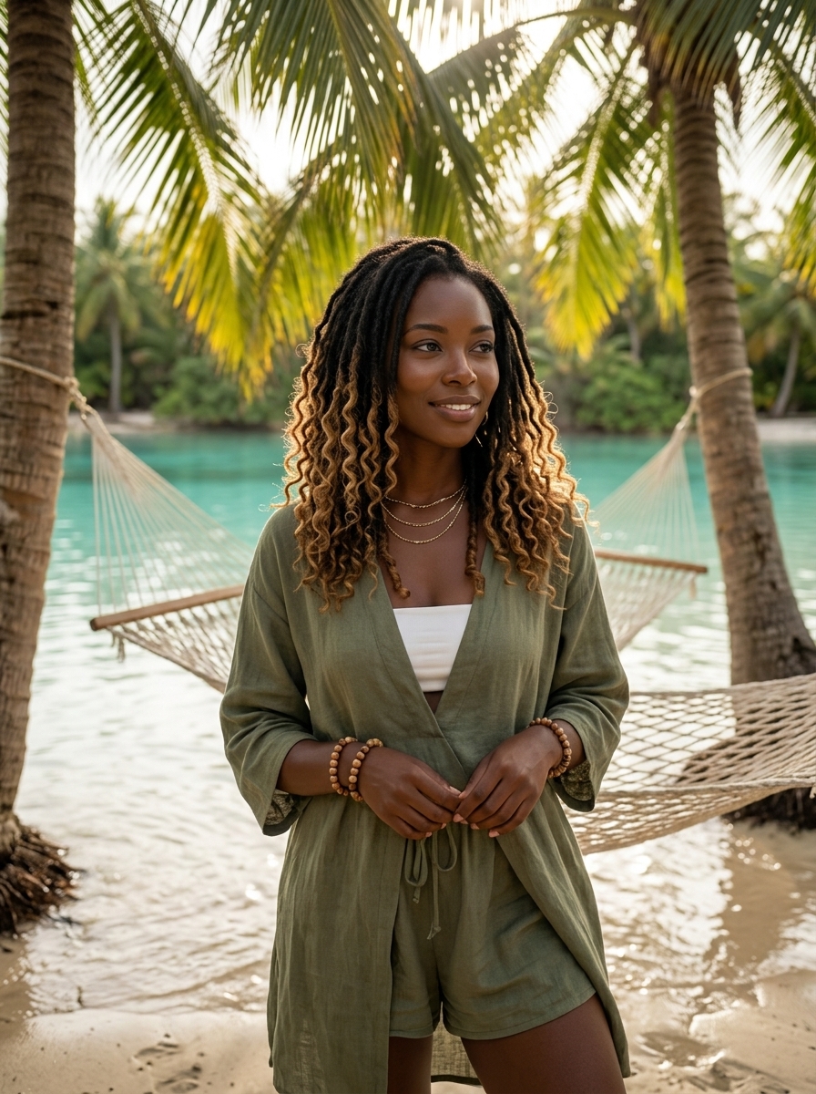 long invisible locs with honey blonde curly ends, refreshed definition for beach vacation