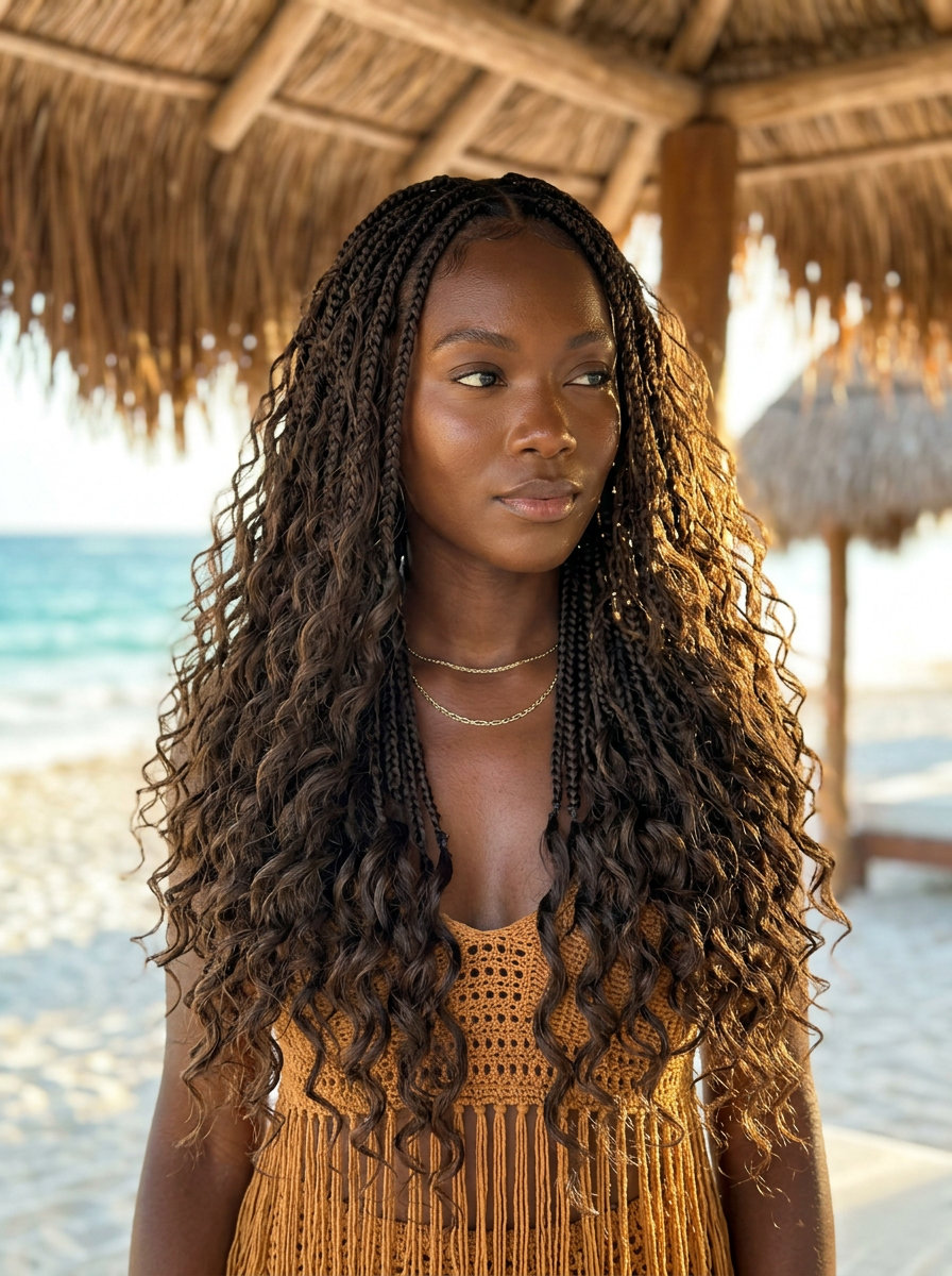 Boho Cascade Braids 2026 long natural dark brown knotless braids with deep wave curls cascade
