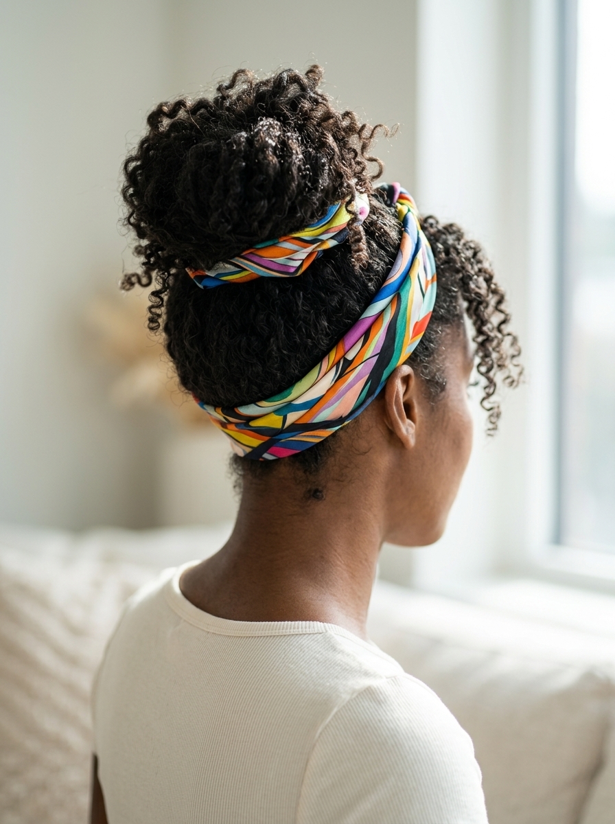 Messy Bun with Scarf: Effortless Summer Style medium natural hair messy bun with dark brown, playful scarf accent for casual outing