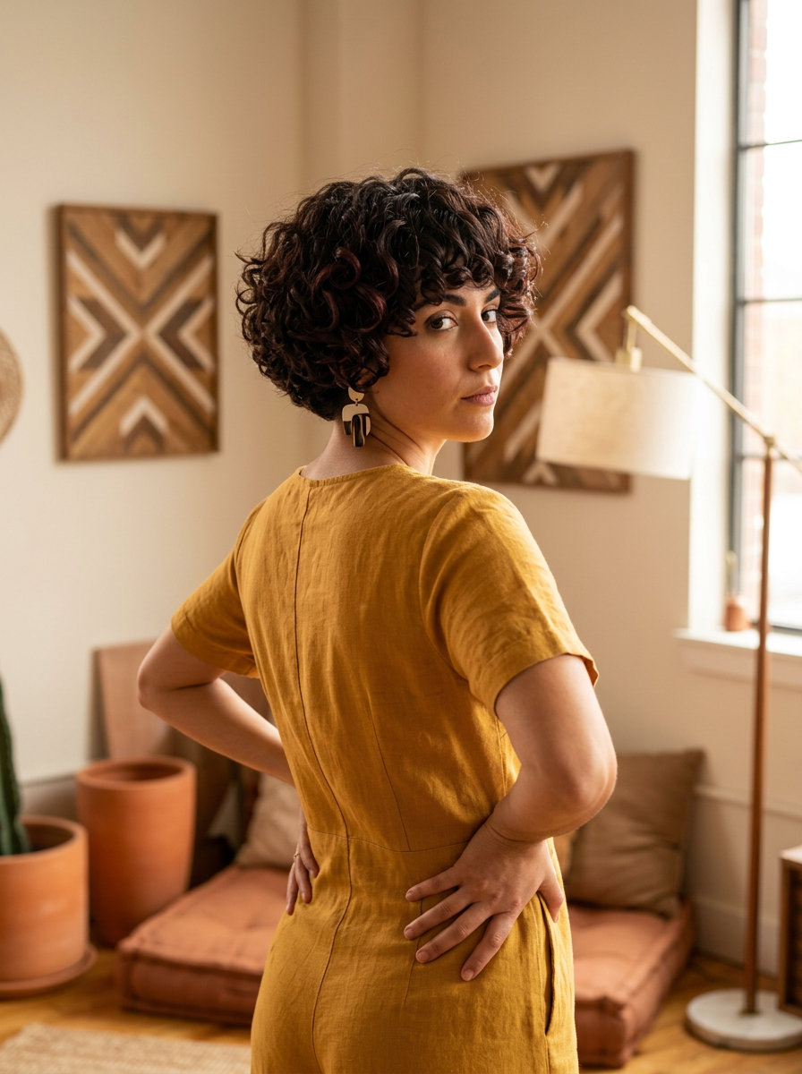 Voluminous Coil Crop with Power Fringe 2026 short dark brown coil crop haircut with auburn lowlights and power fringe