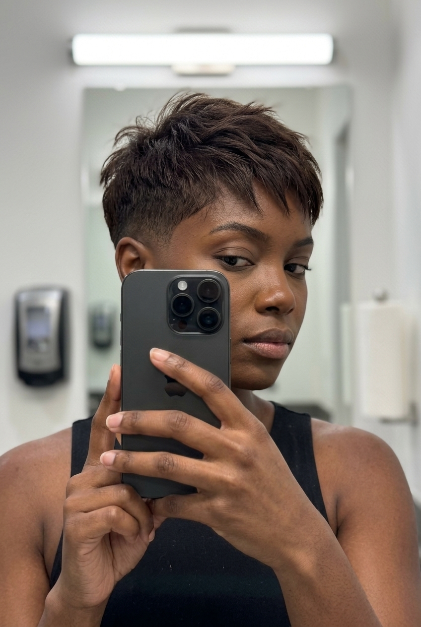 very short pixie haircut in natural dark brown with clipper fade and textured top for summer