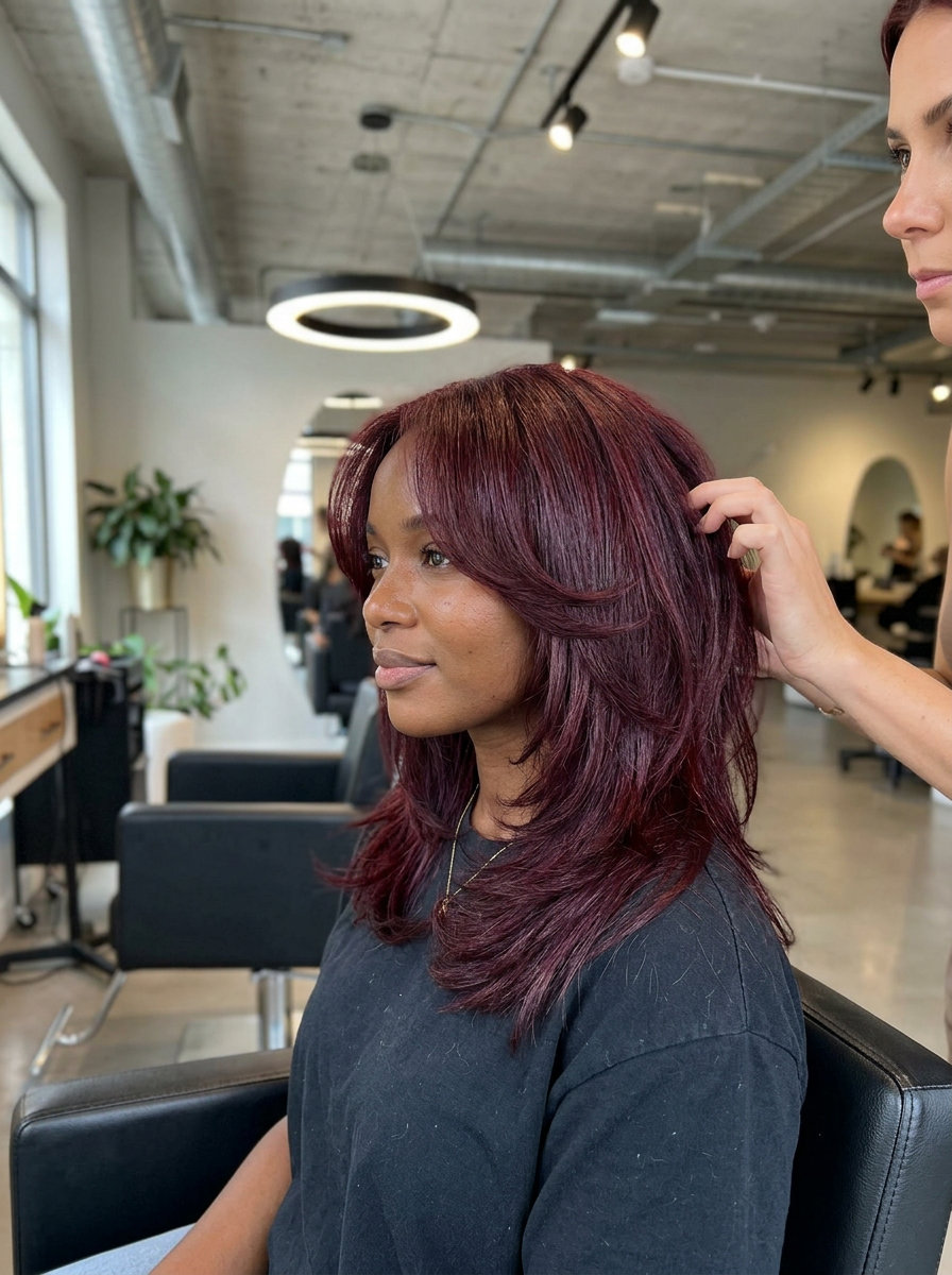 medium layered butterfly haircut in dark cherry red with textured layers, no fringe — edgy and rebellious