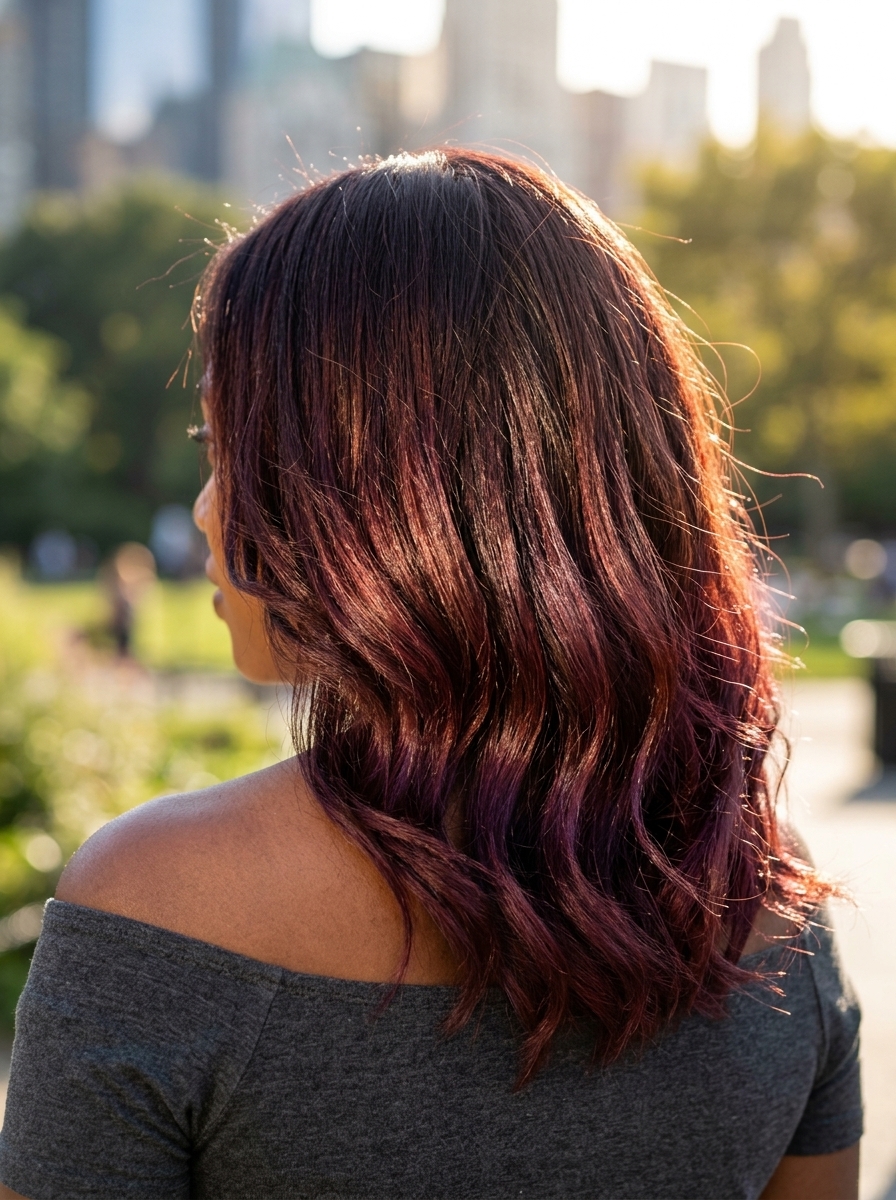 long curly layers in dark chocolate with mahogany violet-red melt, color melting technique — vibrant summer festival