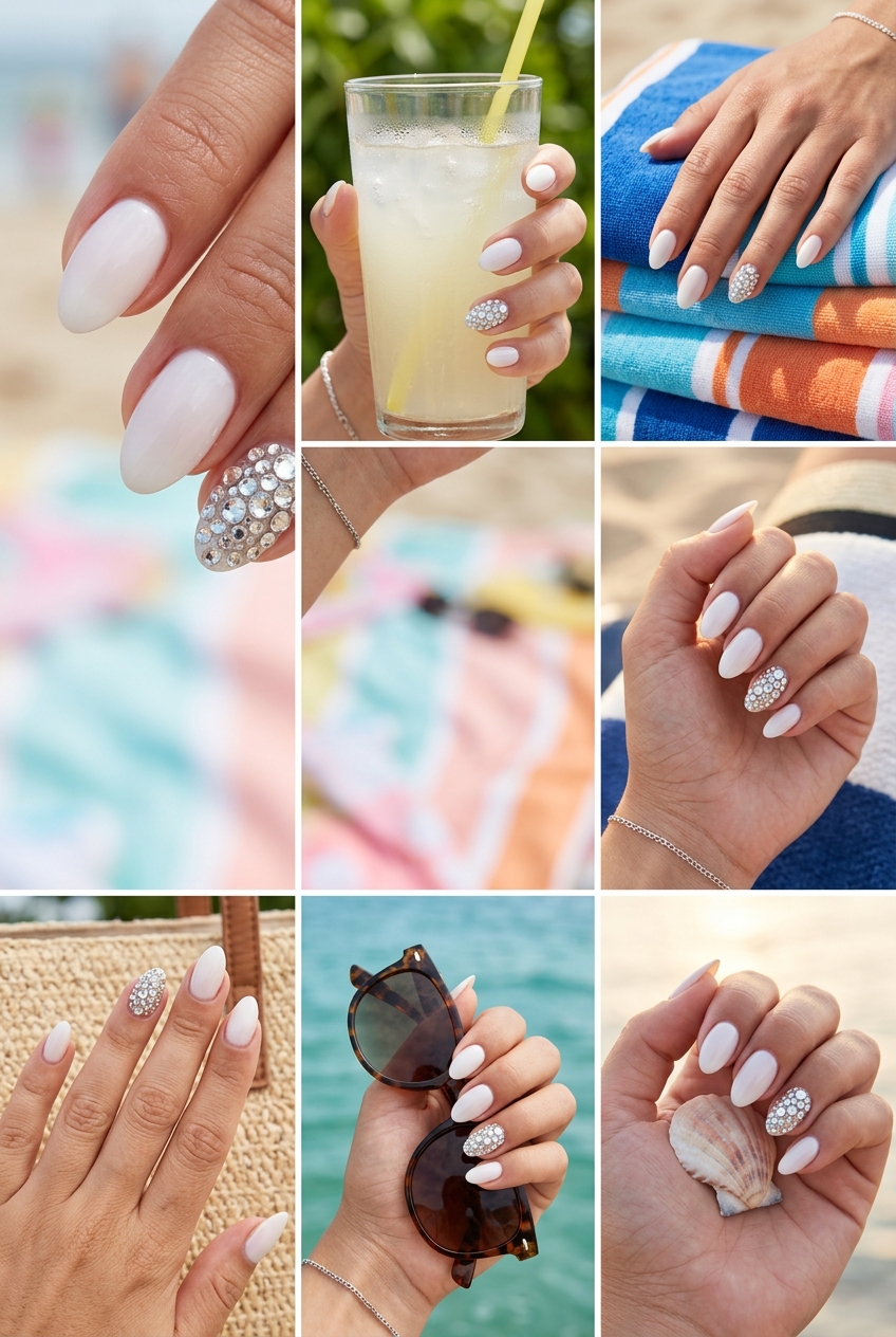 Dazzling Diamond Accent Nails: Glamorous Party 2026 Glamorous milky white almond nails with a dazzling clear rhinestone accent on the ring finger. Cute summer nails 2026.