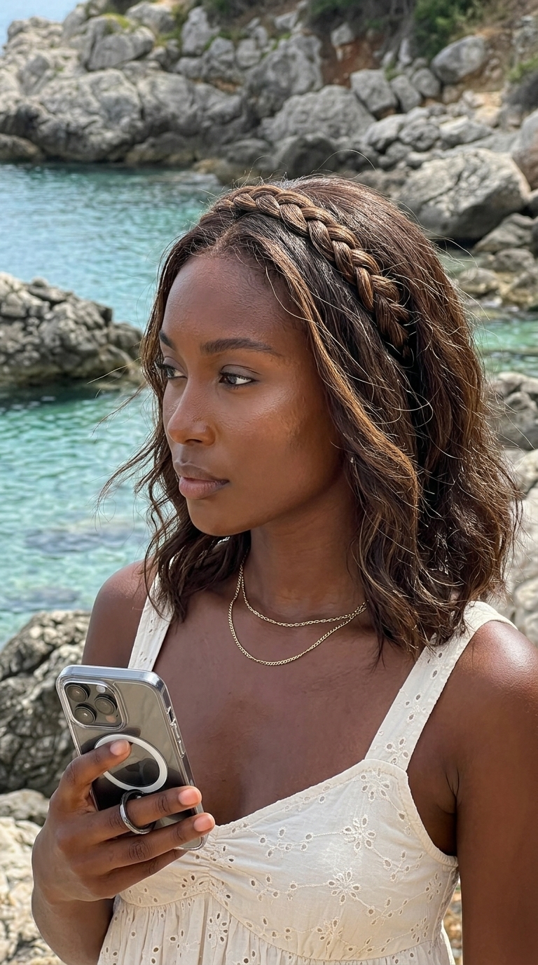 Boho Braided Headband Hairstyle 2026 medium-length natural hair with boho braided headband in deep brown with caramel accents, loose braid