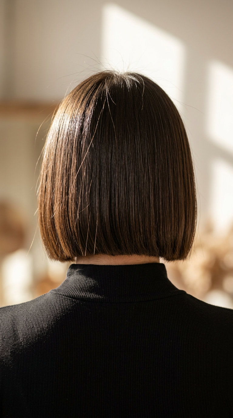 Hydro-Bob for Thin Fine Hair 2026 chin-length deep brunette bob with a sleek, high-gloss finish for summer