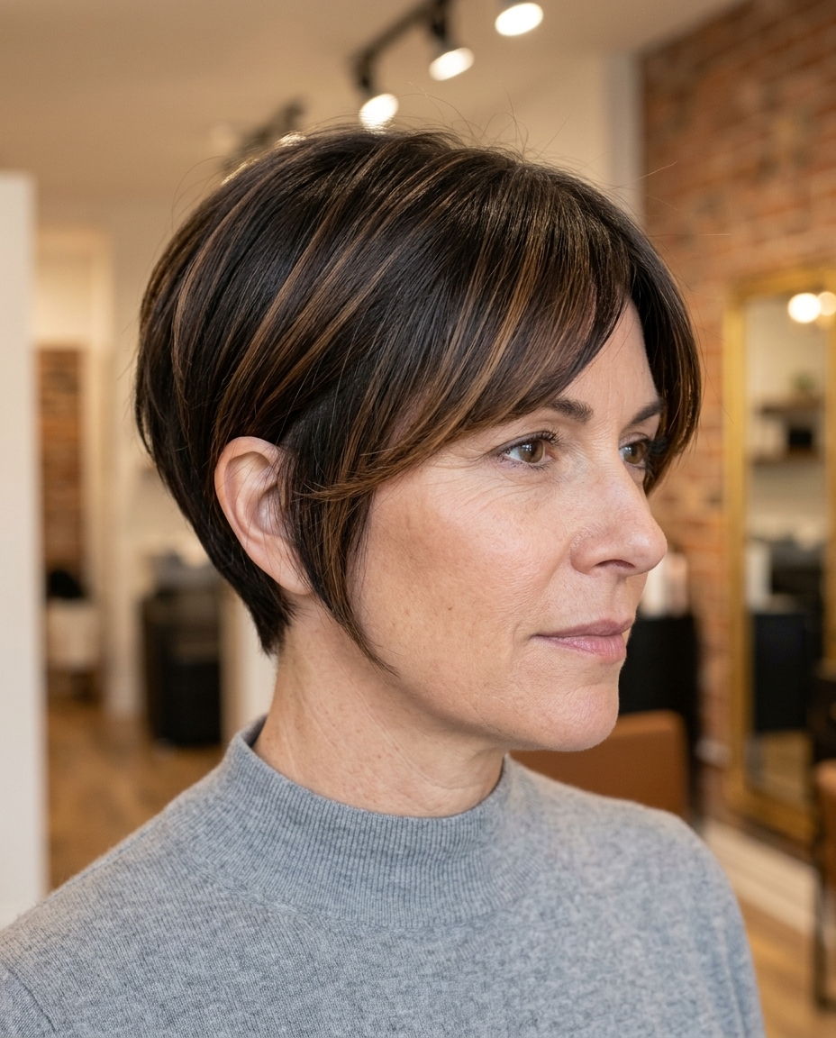 long pixie haircut with deep brunette & caramel face-frame, swept fringe — versatile edgy look