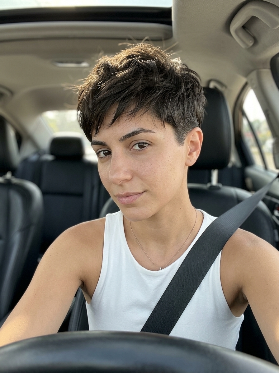 short deep brunette crop haircut with undercut, matte finish for round faces