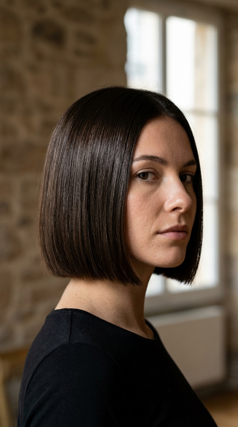 chin-length blunt bob in deep espresso brown with cool blue undertones, global color application — professional summer gala