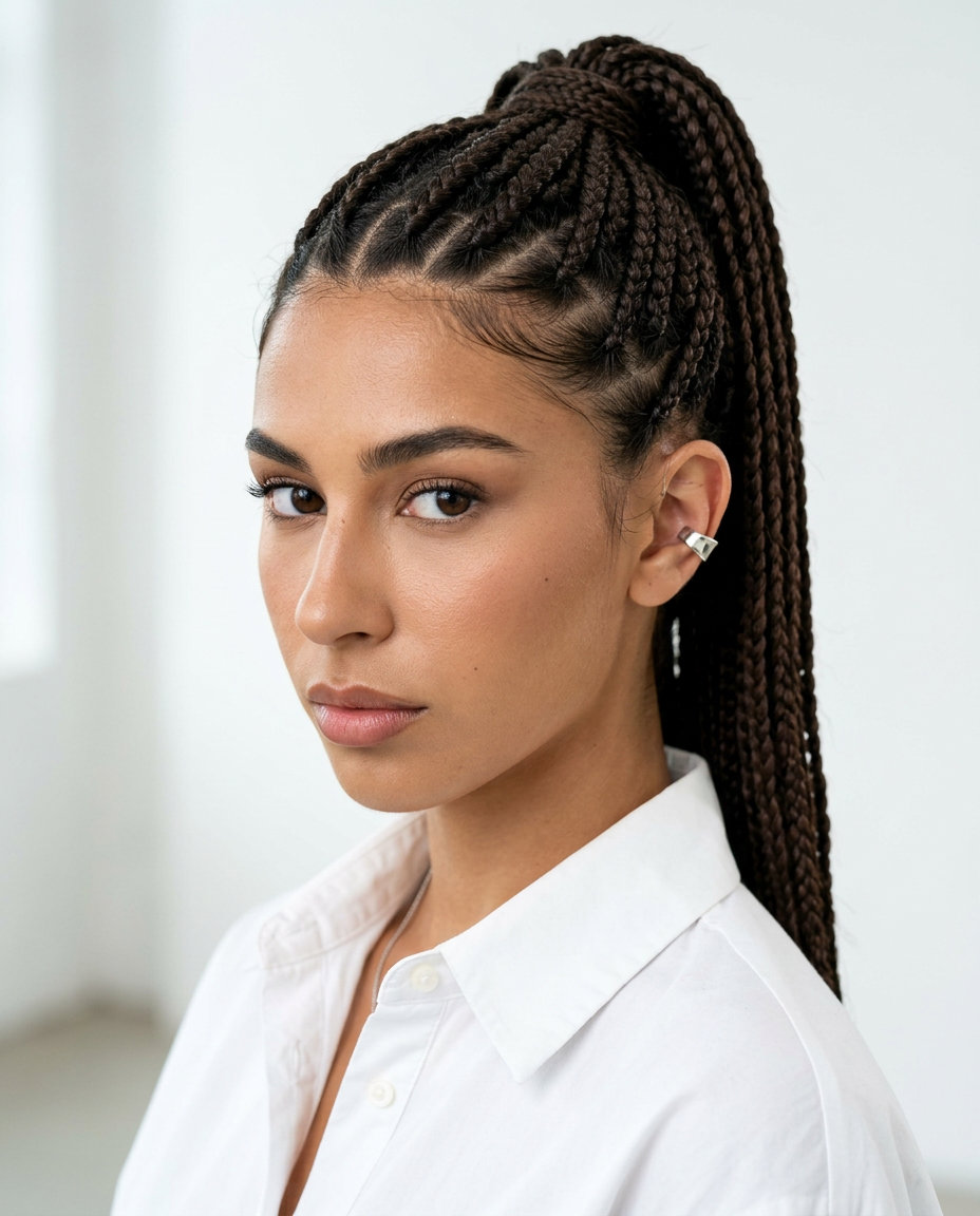waist-length deep espresso knotless braids into a sleek ponytail