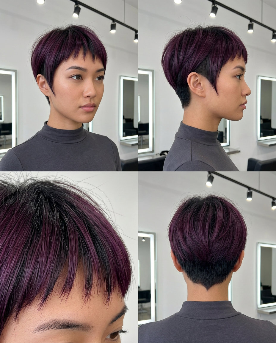short deep plum pixie haircut with undercut and micro-fringe for summer