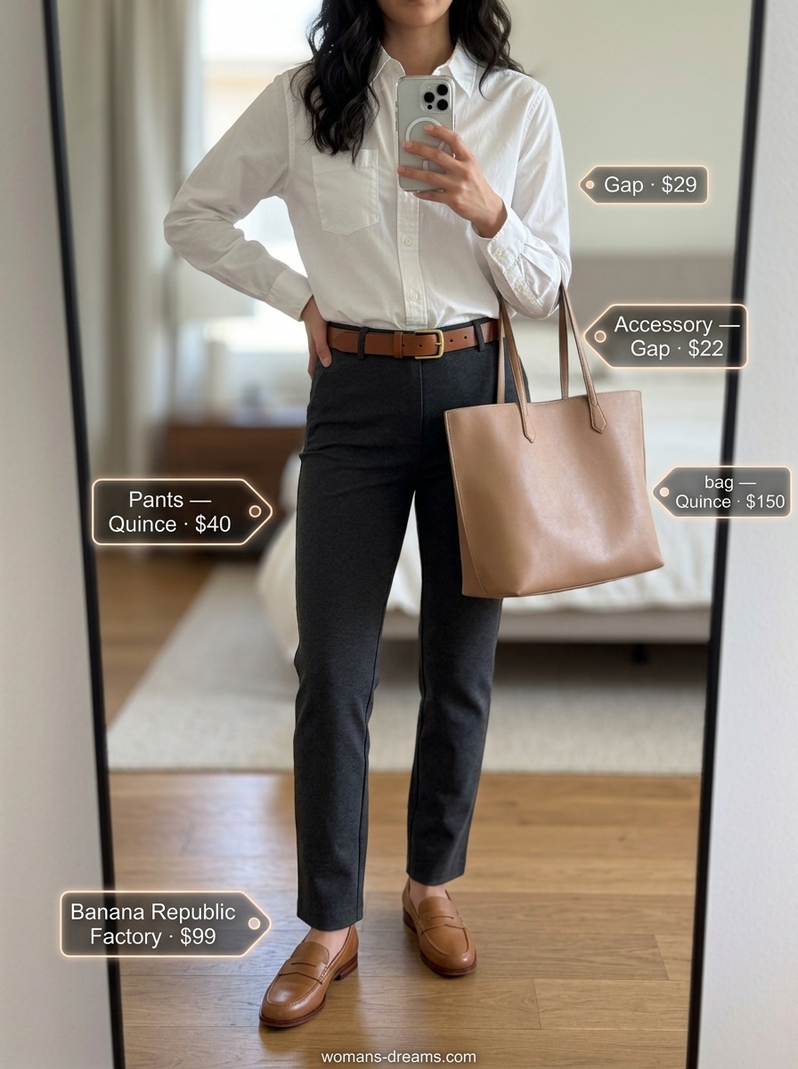 Classic Denim Duo: Denim jeans, white button-down, loafers. Not a Summer Paperbag Waist Pants Outfit.