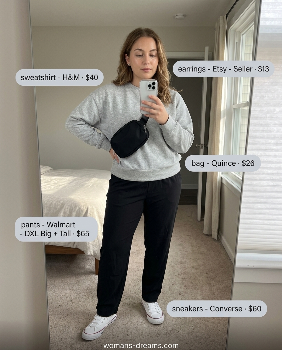 Weekend Comfort Set: Grey joggers, sweatshirt, sneakers. Not a Summer Paperbag Waist Pants Outfit.