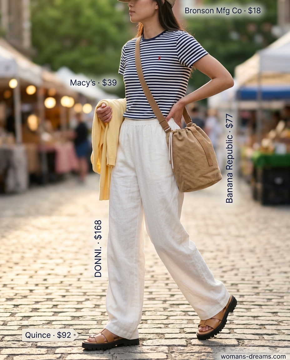 Safari Adventure: Khaki shorts, striped tee, fisherman sandals. Not a Summer Paperbag Waist Pants Outfit.