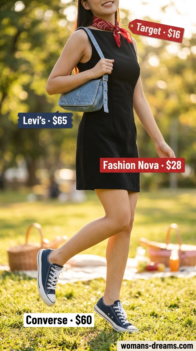 Styling Mistake: Wearing a denim crossbody bag with a red bandana, sneakers, and a dress for a picnic.