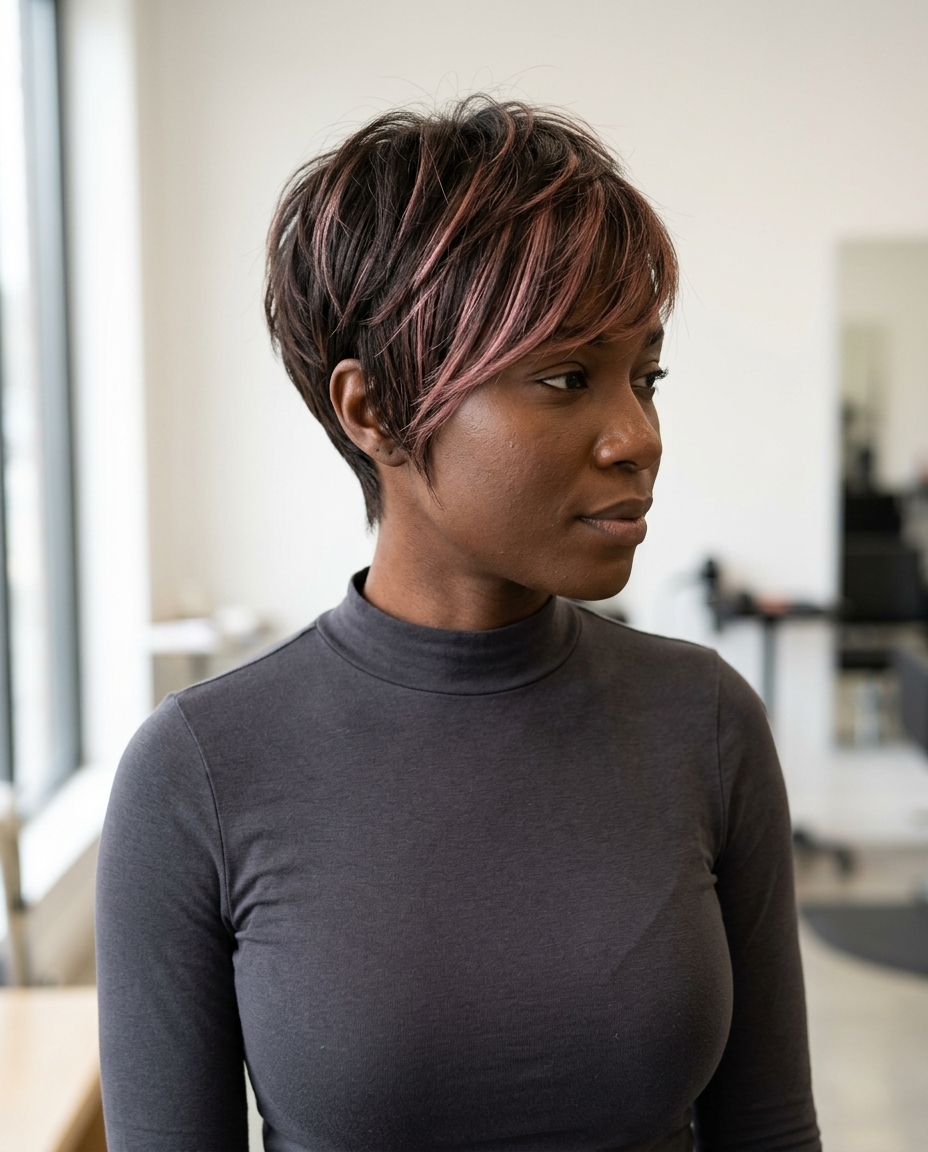 short dusty rose gold pixie haircut with textured layers and side-swept fringe for summer