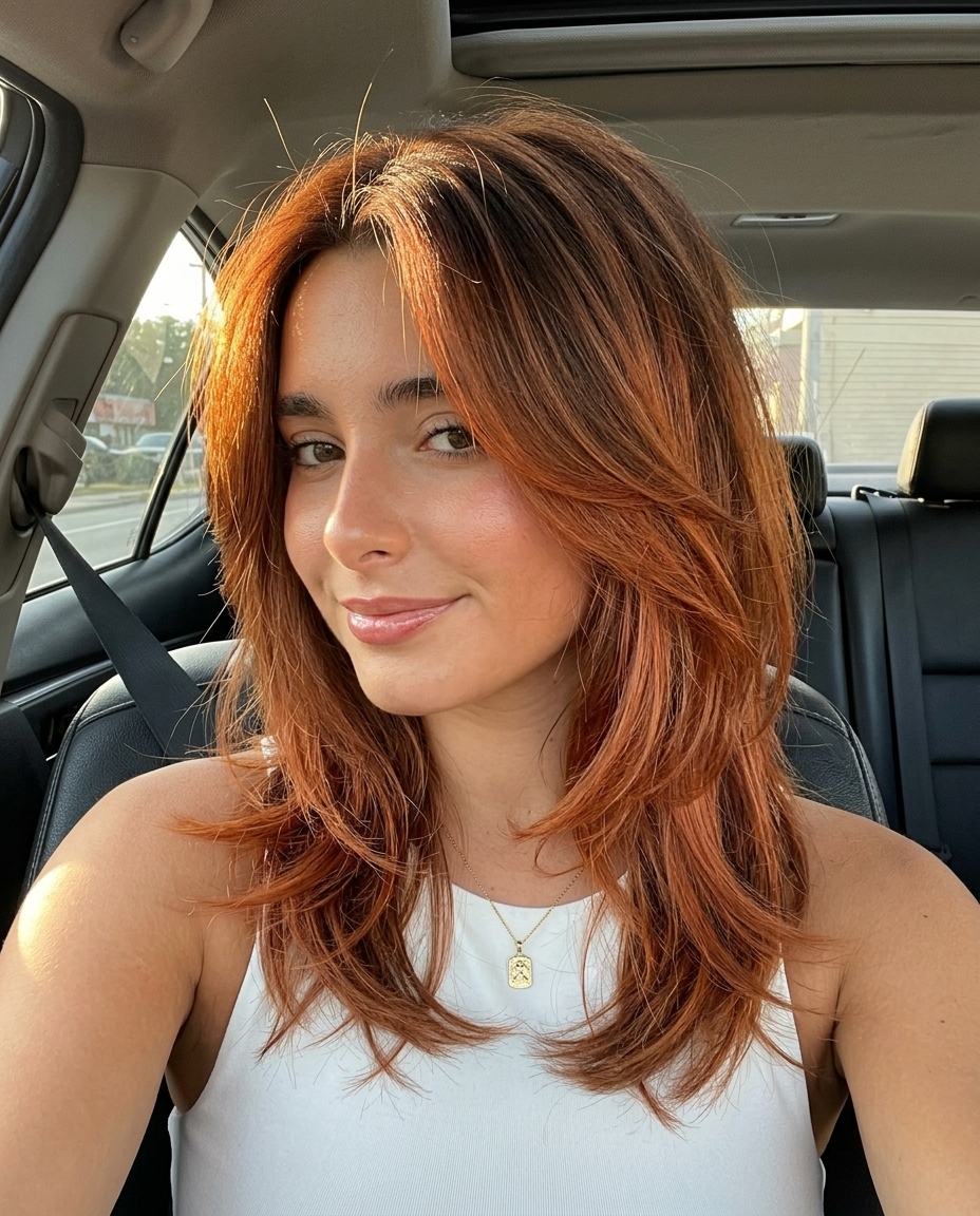 soft shag with face-framing layers in earthy brown with burnt orange melt, color melting technique — boho summer weekend