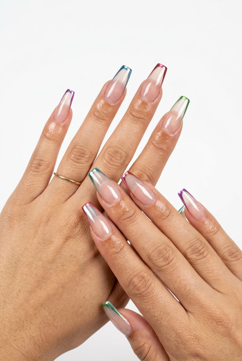Easy Summer Nails 2026: Chrome French Tip Easy summer nails 2026: Cyber Chrome French Tip coffin nails for parties and nights out. Futuristic and edgy metallic accents.