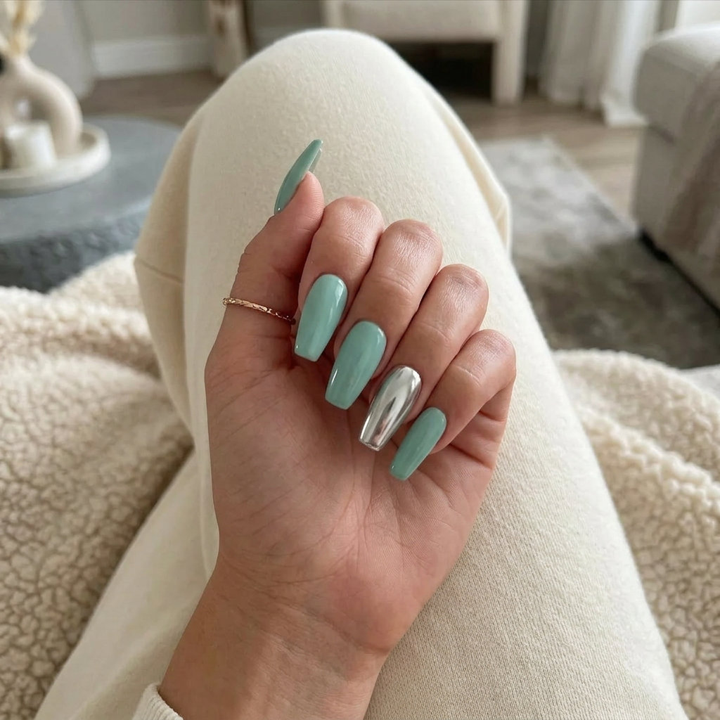 Easy Summer Nails 2026: Chrome Seafoam Easy summer nails 2026: Chrome Seafoam Coffin nails for parties and festivals. Bold and playful metallic accents.