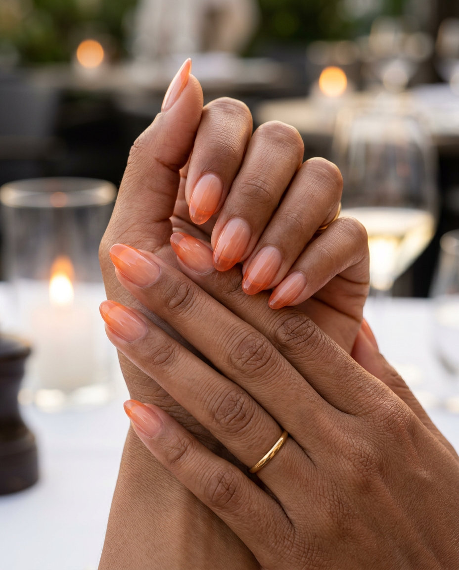 Easy Summer Nails 2026: Coral Jelly French Easy summer nails 2026: Sheer Coral Jelly French tip almond nails for date nights and summer evenings. Subtle and chic.