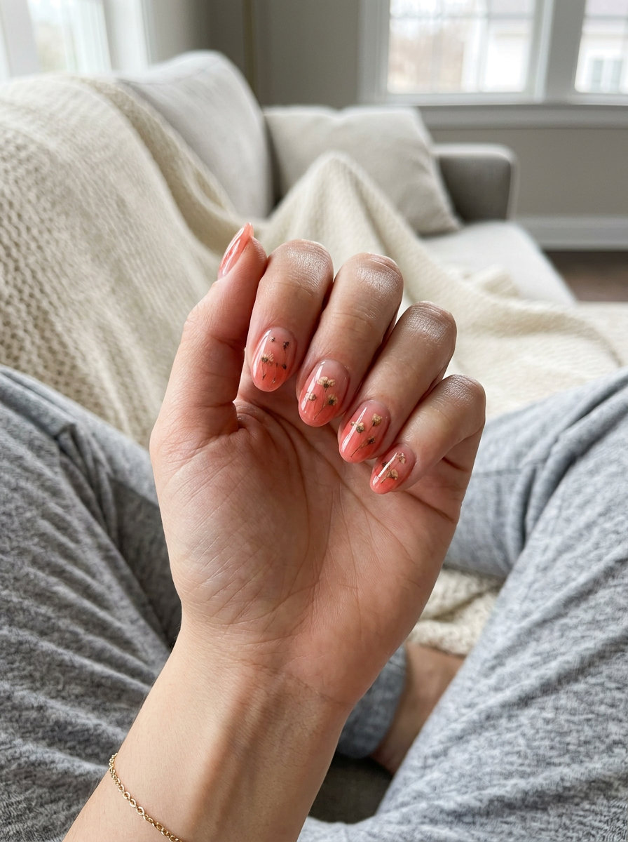 Easy Summer Nails 2026: Floral Milk Bath Easy summer nails 2026: Floral Milk Bath Coral nails for weddings and brunch. Romantic and ethereal with delicate dried flowers.