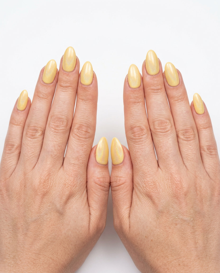 Holographic Butter Yellow Almond: Easy summer nails 2026 for parties, festivals, and sparkling summer events.