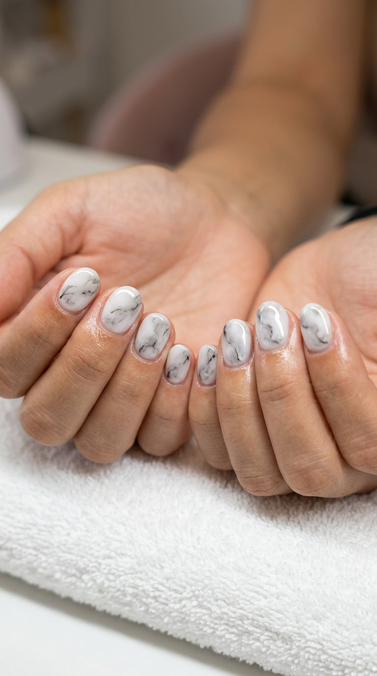 Easy Summer Nails 2026: Marble Abstract Easy summer nails 2026: Cloudy abstract marble design on short round nails. Minimalist and sophisticated for work or casual days.