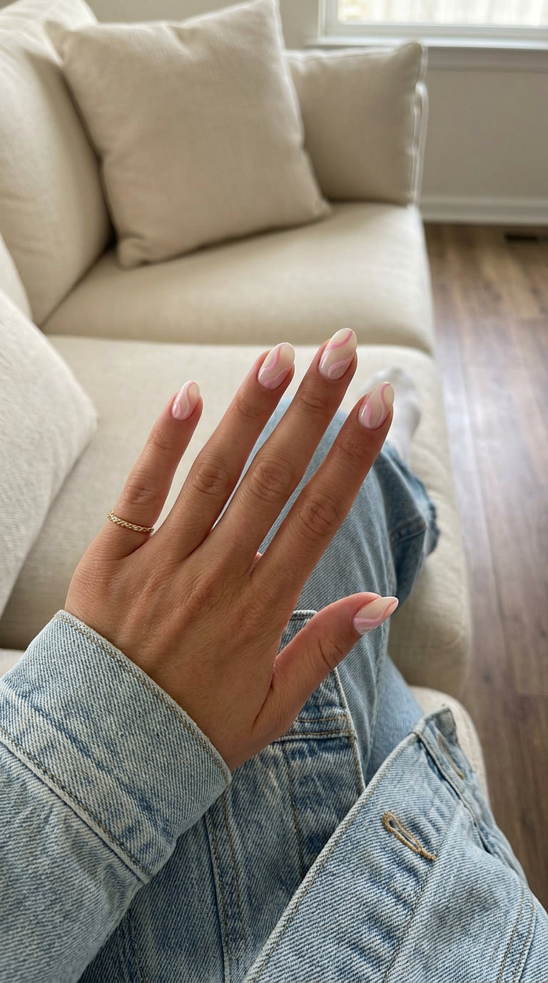 Easy Summer Nails 2026: Milky Swirls Dreamy milky white and pastel pink swirl gel nails for easy summer nails 2026. Soft oval shape.